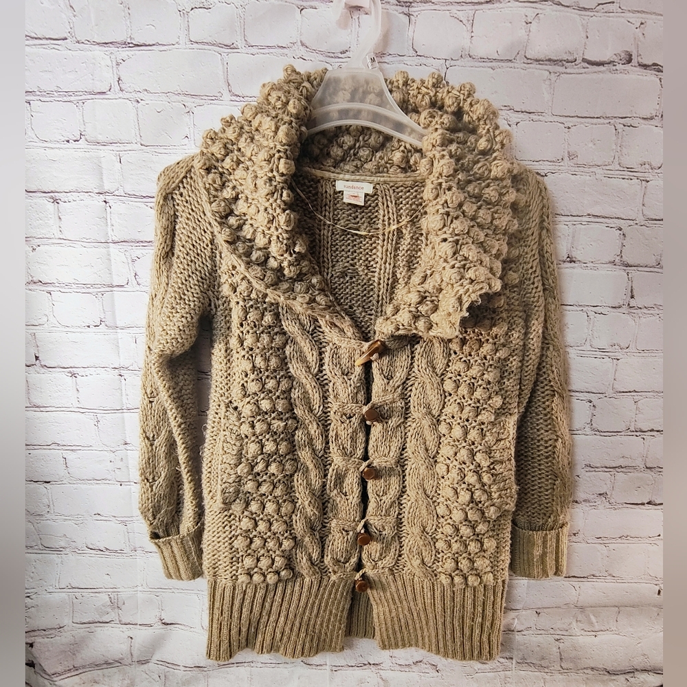 Sundance PomPom Chunky Knit Toggle Cardigan Shall Neck Textured  Sweater S Cabin